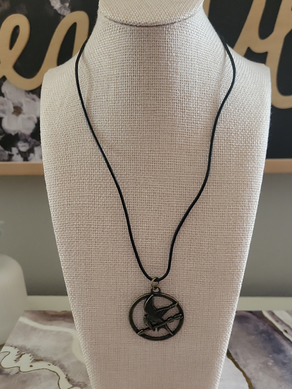 Hunger Games Bronze Mockingjay Pendant Necklace - Black Cord